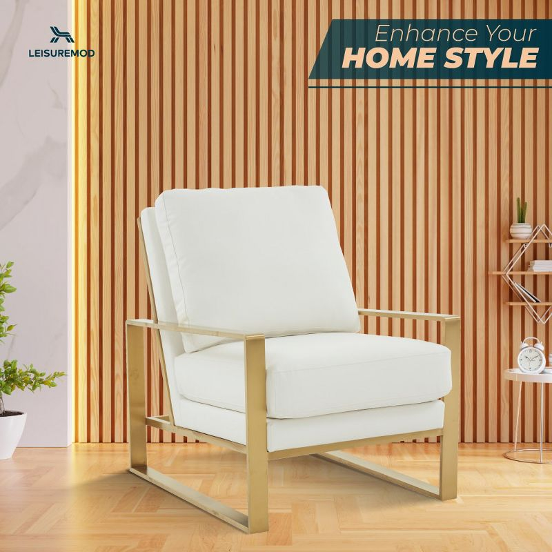 LeisureMod Jefferson Accent Arm Chair Upholstered in Faux Leather with Gold Stainless Steel Frame in White