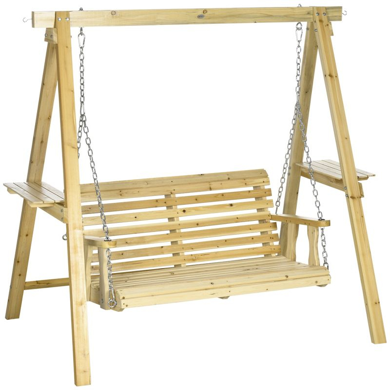 Outsunny 2-Seat Outdoor Swing Chair, Porch Swing with Stand and Side Tables, for Garden, Poolside, Backyard, Natural