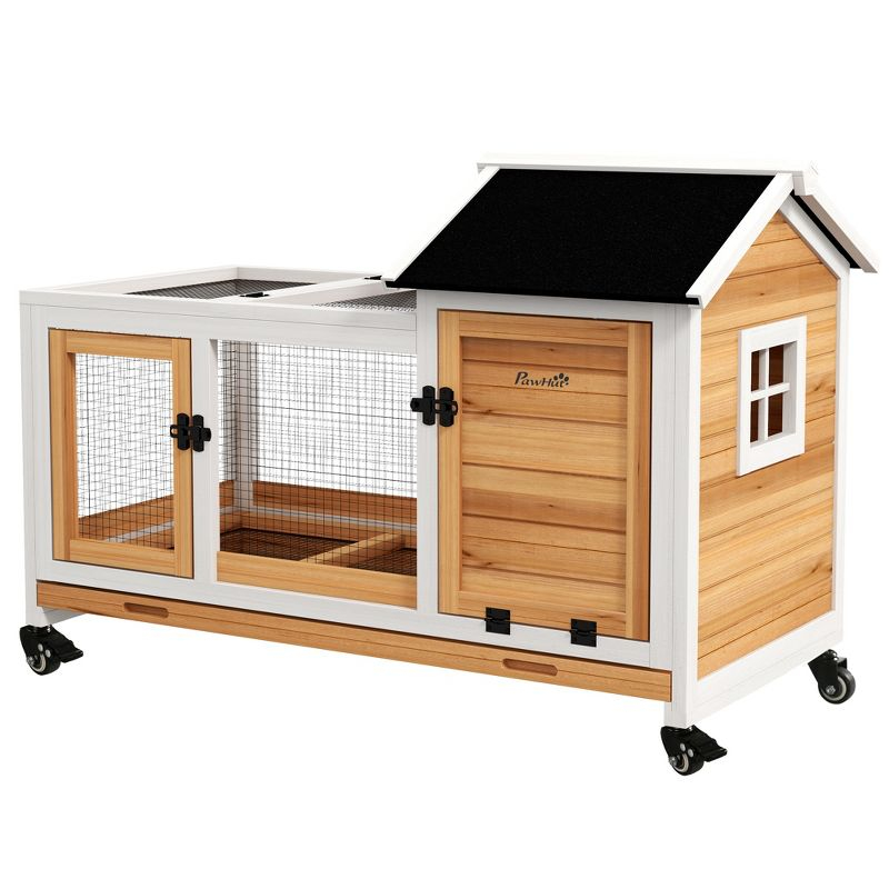 PawHut Indoor Outdoor Wooden Rabbit Hutch with Wheels, Large Bunny Cage with Run, Slide-out Tray for Small Animals, Guinea Pig, Yellow