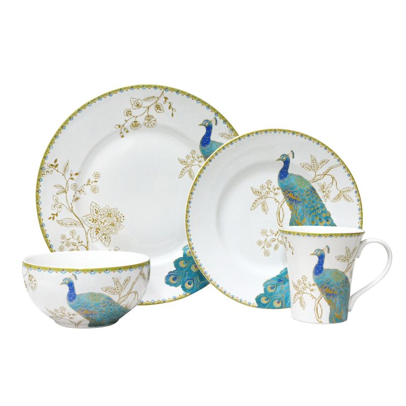 222 Fifth Peacock Garden Porcelain 16pc Dinnerware Set White: Round Dish Set, Service for 4, Bird Pattern, Dishwasher-Safe