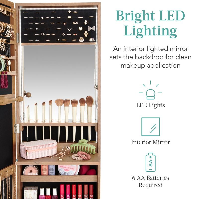 Best Choice Products Hanging Mirror Jewelry Armoire, Door or Wall Mounted Cabinet w/ LED Lights, Lock - Rustic Brown