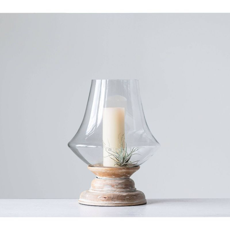 Storied Home 16" x 13" Glass Hurricane Candle Holder with Mango Wood Base Natural/Clear - Pillar Candle Compatibility, Tabletop Display