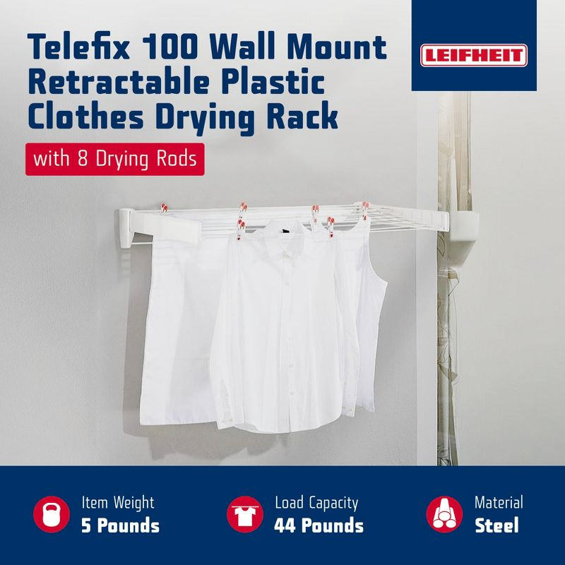 Leifheit Telefix 100 Wall-Mounted Retractable Clothes Drying Rack with 8 Rods, 26 ft. of Drying Space & Sleek Design for Laundry or Dorm Rooms, White