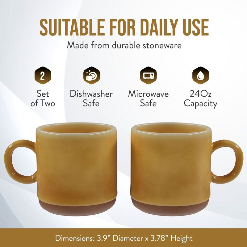 American Atelier Stoneware Mugs w/ Terra Cotta Bottom, Set of 2, 4-Inch Cup for Coffee, Tea, and Hot Chocolate, Dishwasher and Microwave Safe, Honey