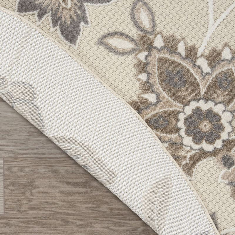 Nourison Aloha Floral Farmhouse Flatweave High-Low Indoor Outdoor Round Rug Beige 7’10” x 7'10"
