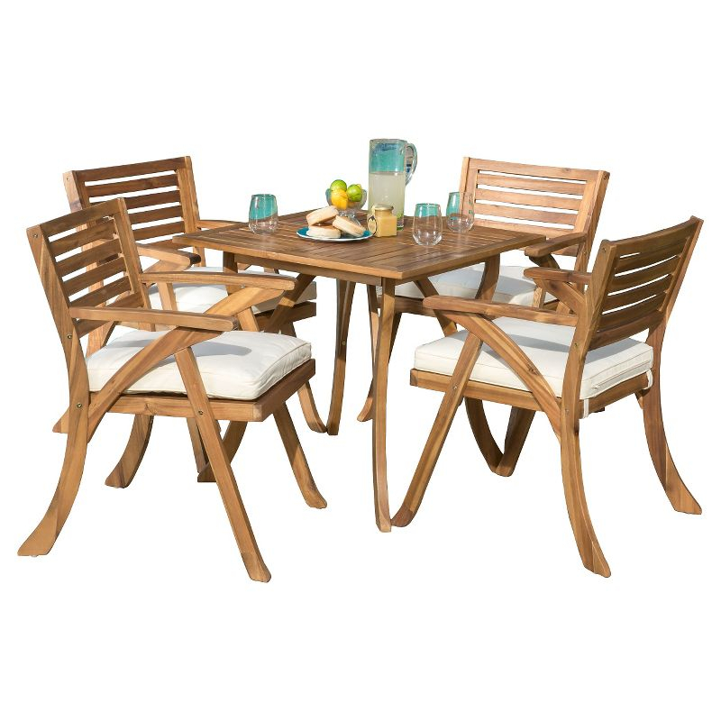 Hermosa 5pc Acacia Wood Patio Dining Set with Cushions - Teak Finish - Christopher Knight Home: Outdoor Furniture, 4 Arm Chairs & Square Table