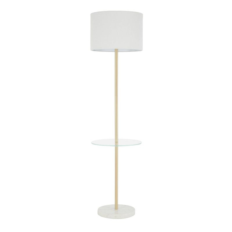 LumiSource Chloe Contemporary Shelf Floor Lamp with Marble Base Shelf and Linen Shade White (Includes LED Light Bulb) : Gold Neck, Round Glass Table