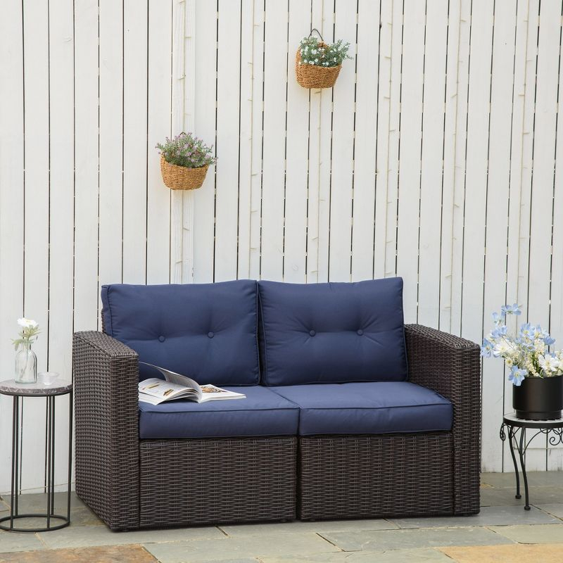 Outsunny 2 Piece Patio Wicker Corner Sofa Set, Outdoor PE Rattan Furniture, with Curved Armrests and Padded Cushions for Balcony, Dark Blue