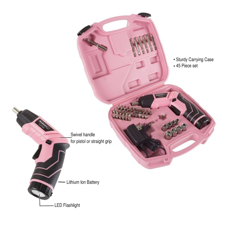 Fleming Supply Pivoting Cordless Power Tool Set - 45 Pieces, Including Screwdrivers, Bits, Sockets, and Case - Pink and Black