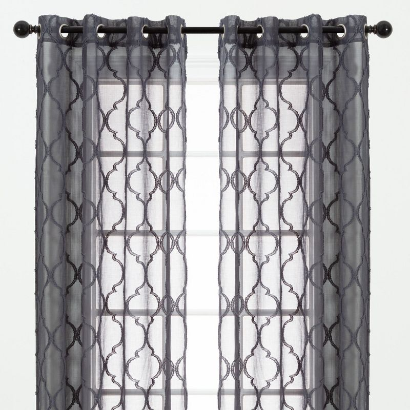 Chanasya 2pk Moroccan Embroidered Grommet Textured Sheer Window Curtain Panels - Set of 2 - 52 x 84 Inches Long - Charcoal