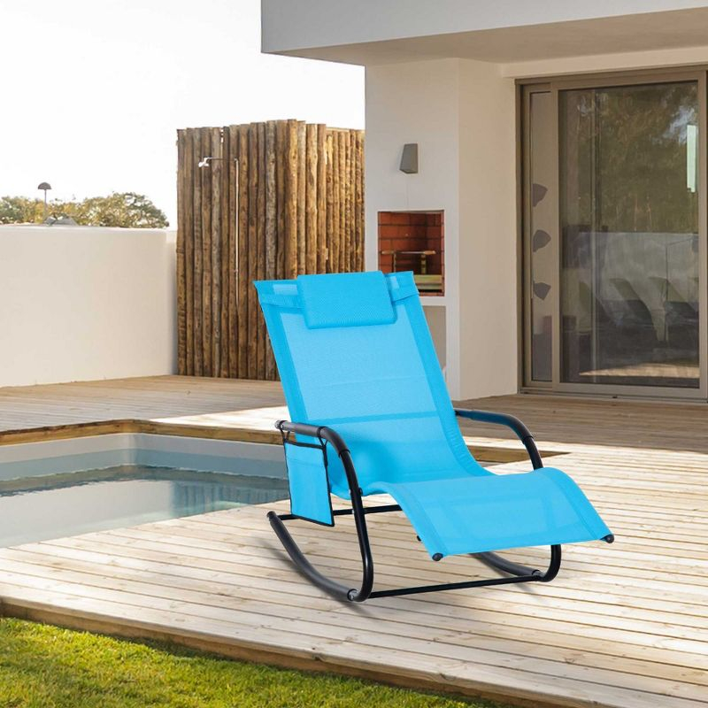 Outsunny Outdoor Rocking Chair, Patio Sling Sun Lounger, Pocket, Recliner Rocker, Lounge Chair with Detachable Pillow for Deck, Garden or Pool, Blue