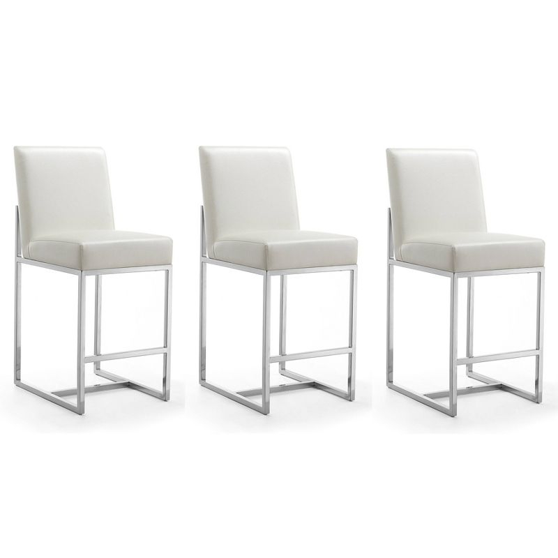 Manhattan Comfort Set of 3 Element Upholstered Stainless Steel Counter Height Barstools Pearl White: Faux Leather, No Assembly Required