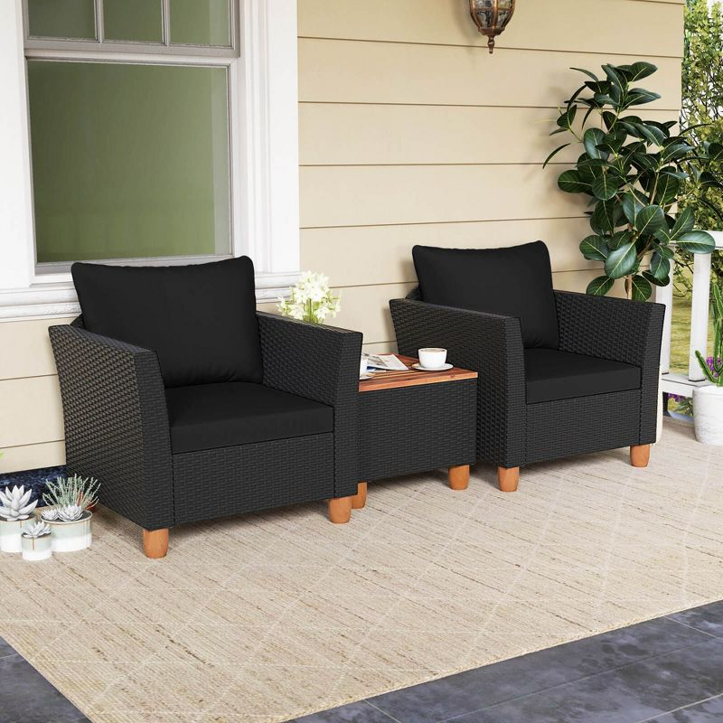 Costway 3PCS Outdoor Patio Rattan Furniture Set Wooden Table Top Cushioned Sofa Black