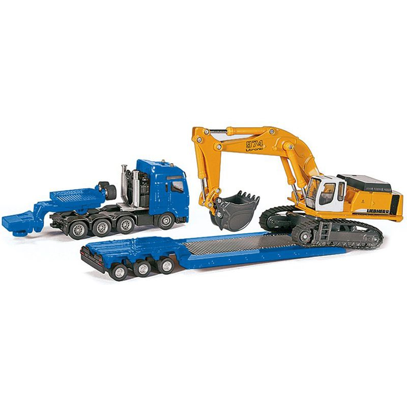 Heavy Haulage Flatbed Transporter Blue and Liebherr 974 Litronic Excavator Yellow 1/87 (HO) Diecast Models by Siku