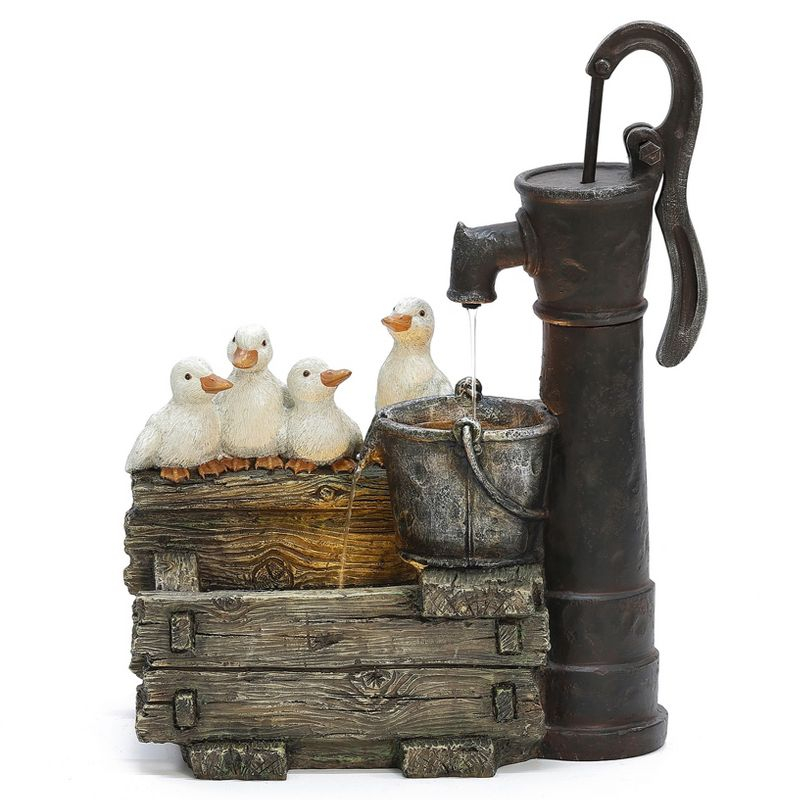 LuxenHome Farmhouse Crate and Baby Ducks Resin Outdoor Fountain with Lights Brown