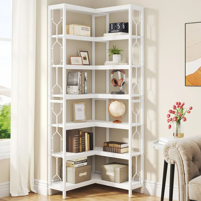 Tribesigns 7-Tier L-Shaped Bookshelf, Wood Corner Etagere Bookcase, Freestanding Display Shelving Unit, White