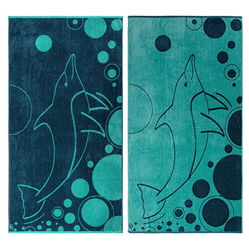Mystic Dolphin Cotton Oversized Reversible Beach Towel Set of 2, Teal - Blue Nile Mills