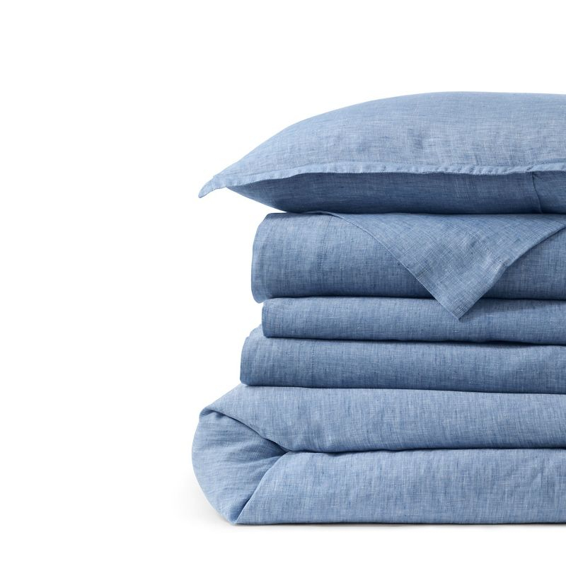 Lands' End Garment Washed Flax Linen Chambray Breathable Duvet Bed Cover - King - Mariner Blue