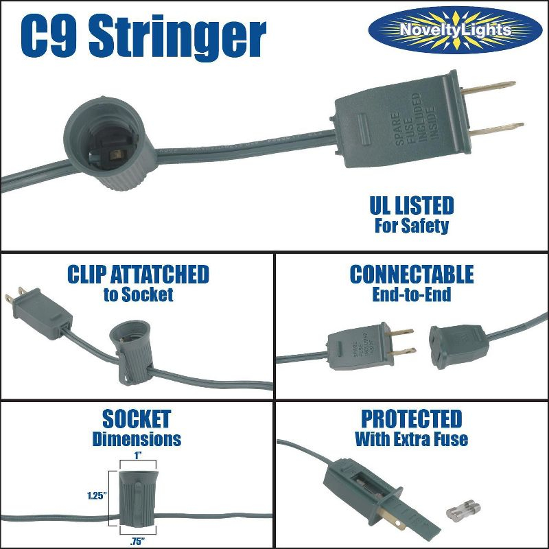 Novelty Lights 25 Feet C9/E17 Intermediate Base Christmas Stringer, Vintage Holiday Hanging Light String, 12" Spacing, SPT-1 20 Gauge Brown Wire