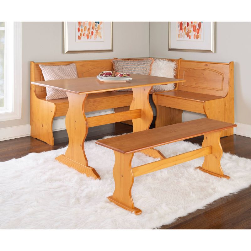 Linon 3pc Chelsea Pine Breakfast Corner Nook Dining Set Natural: Wood Frame, Trestle Base, Seats 6