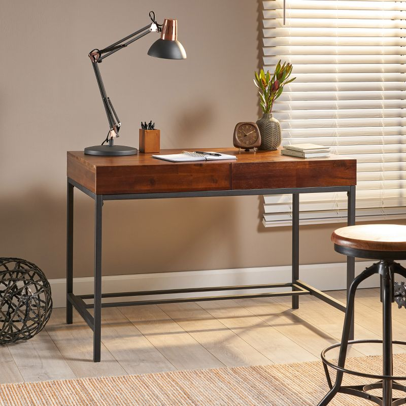 GDFStudio Lombok Industrial Acacia Wood Storage Desk, Dark Oak