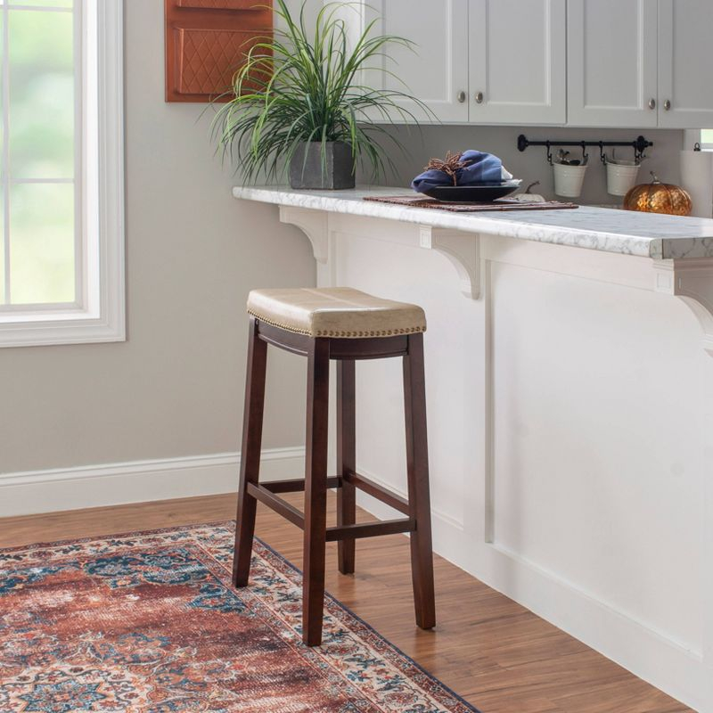 Linon Claridge Backless Faux Leather Nailhead Saddle Barstool Beige : Upholstered, Rubberwood Legs, Fixed Height