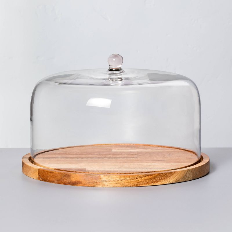 9" Wood & Glass Covered Dessert Storage Brown - Hearth & Hand™ with Magnolia: Acacia Cake Display Stand, Hand Wash