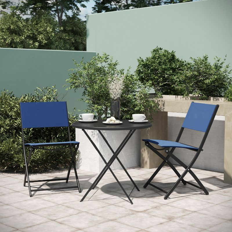 Emma and Oliver Set of 2 Folding Chairs for Indoor/Outdoor Use with Navy Flex Comfort Material and Black Steel Frames