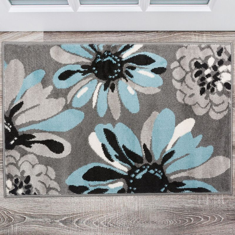 World Rug Gallery Contemporary Modern Flowers Door Mat - Blue 2' x 3':  Floral,  Stain-Resistant,  Low Pile,  Indoor Use