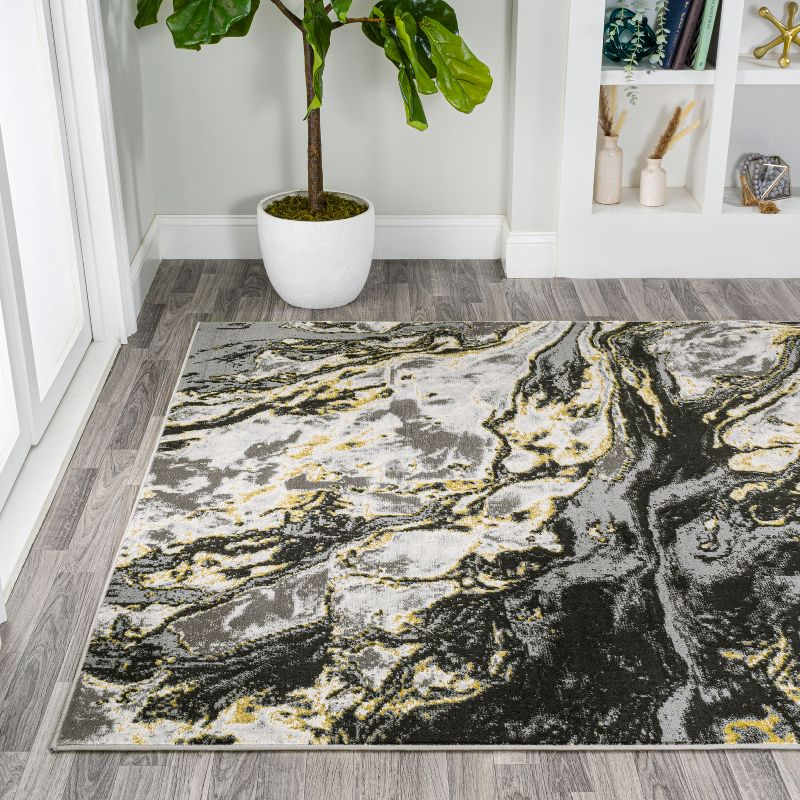 4'x6' Swirl Marbled Abstract, Black/Yellow - JONATHAN Y