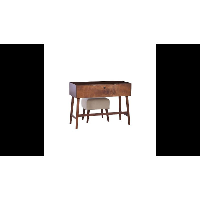 Viola Mid-Century Modern Flip-up Mirror 2 Drawer Vanity and Upholstered Stool Brown - Linon: Rubberwood, MDF, Lift-Top Storage
