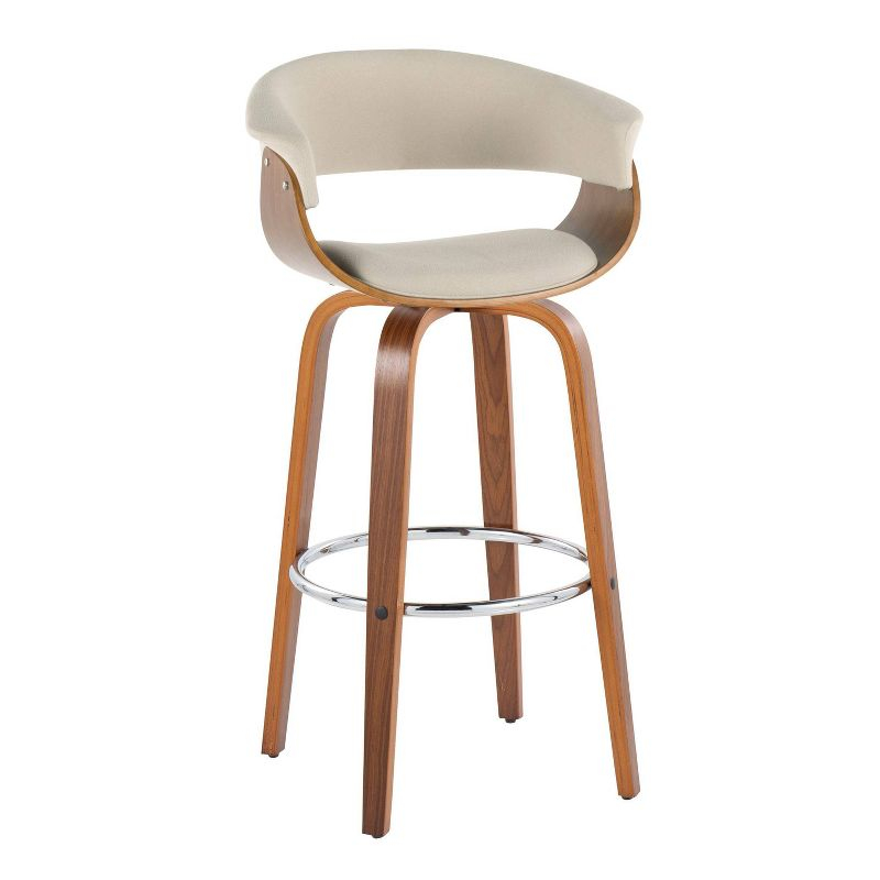 LumiSource Set of 2 Vintage Modern Barstools Walnut/Chrome/Cream: Upholstered Swivel Chairs with Footrest
