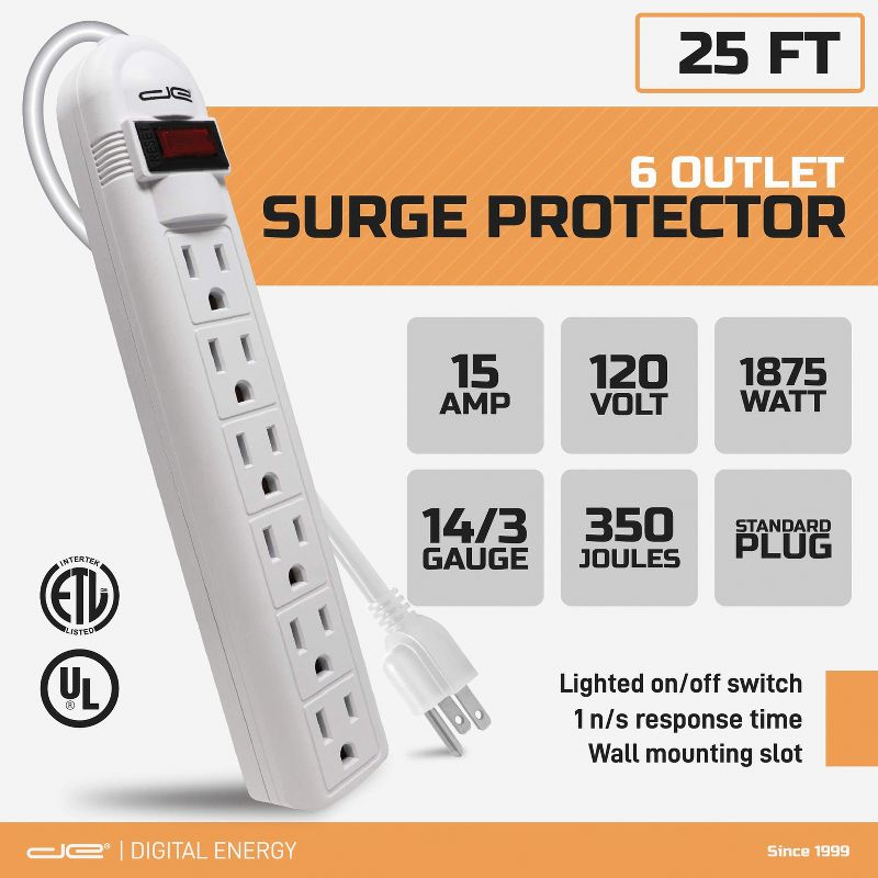 Digital Energy® 6-Outlet Surge Protector Power Strip (25 Ft.; White)