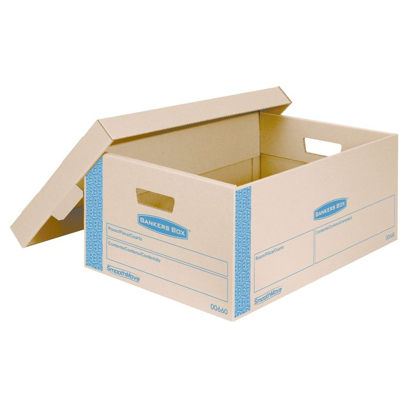 Bankers Box SmoothMove Prime Large Moving Boxes, Lift Lid, 24l x 15w x 10h, Kraft/Blue, 8/CT: Cardboard Packing Supplies