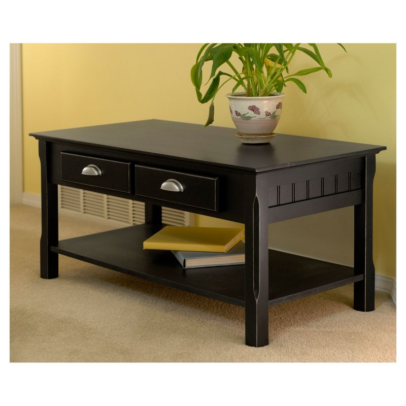 Timer Coffee Table, Drawers and Shelf - Black - Winsome: Solid Wood, Chrome Handle Accents