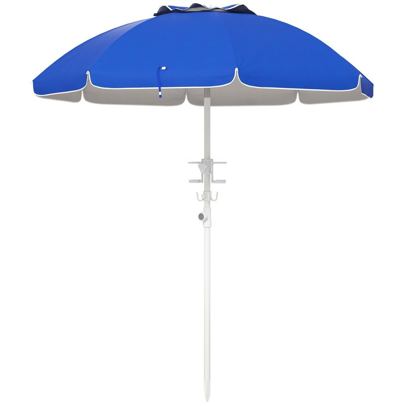 Outsunny 5.7' Beach Umbrella with Cup Holders, Hooks, Vented Canopy, Portable Outdoor Umbrella, Blue