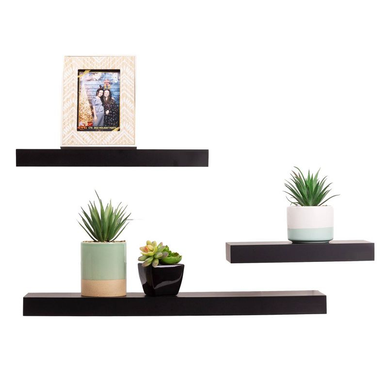 Kiera Grace (Set of 3) 12",16" and 24" Floating Shelves Black: MDF Wall Mount, Traditional Decor, Includes Hardware