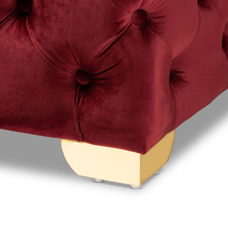 Avara Velvet Button Tufted Bench Ottoman Red - Baxton Studio: Gold Legs, Plywood Frame, Luxurious Bedroom Furniture