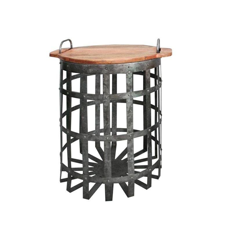 Benzara Set of 2 Industrial Grid Galvanized Accent End Table with Round Lid and Handles Accent Tables Gray/Brown