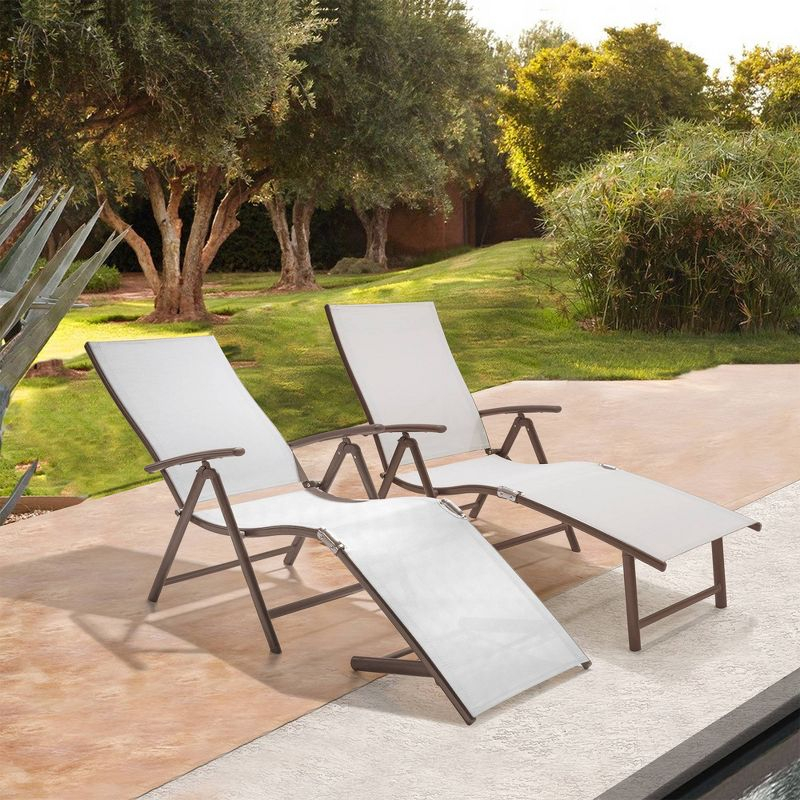2pc Outdoor Aluminum Adjustable Chaise Lounges - Light Gray - Crestlive Products