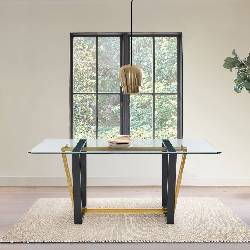 Armen Living Kai Rectangular Stainless Steel and Base with Glass Tabletop Dining Table Gold/Black