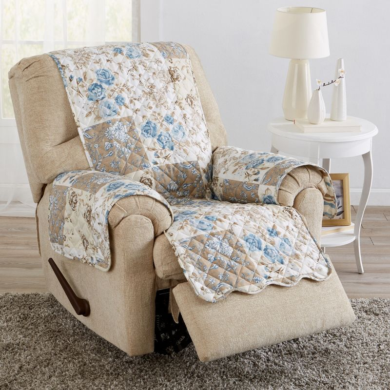 Great Bay Home Floral Patchwork Reversible Furniture Protector  (Recliner, Taupe / Blue)