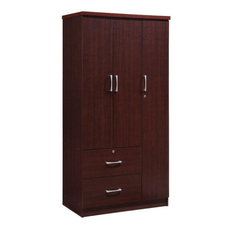 Hodedah Import Contemporary 3 Door Armoire w/ Metal Clothing Rod, 3 Shelves, 1 Standard Drawer, & 1 Locking Drawer for Bedrooms & Rented Rooms