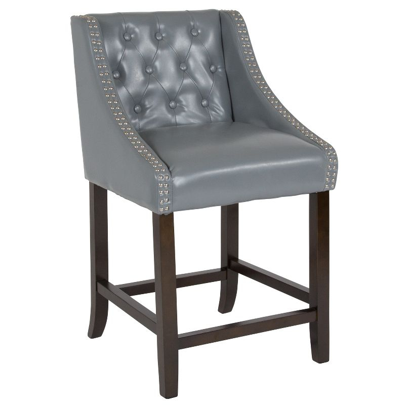 Merrick Lane Hadleigh Upholstered 24" High Stool Transitional Light Gray Faux Leather Tufted Walnut Counter Stool with Accent Nail Trim