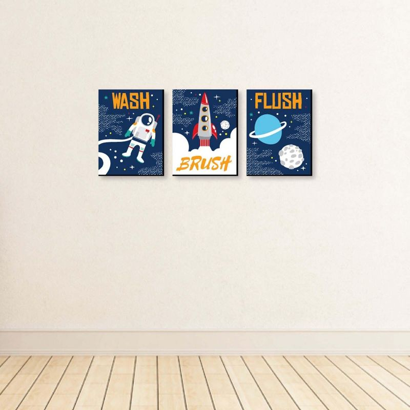 Big Dot of Happiness Blast Off to Outer Space - Kids Bathroom Rules Wall Art - 7.5 x 10 inches - Set of 3 Signs - Wash, Brush, Flush