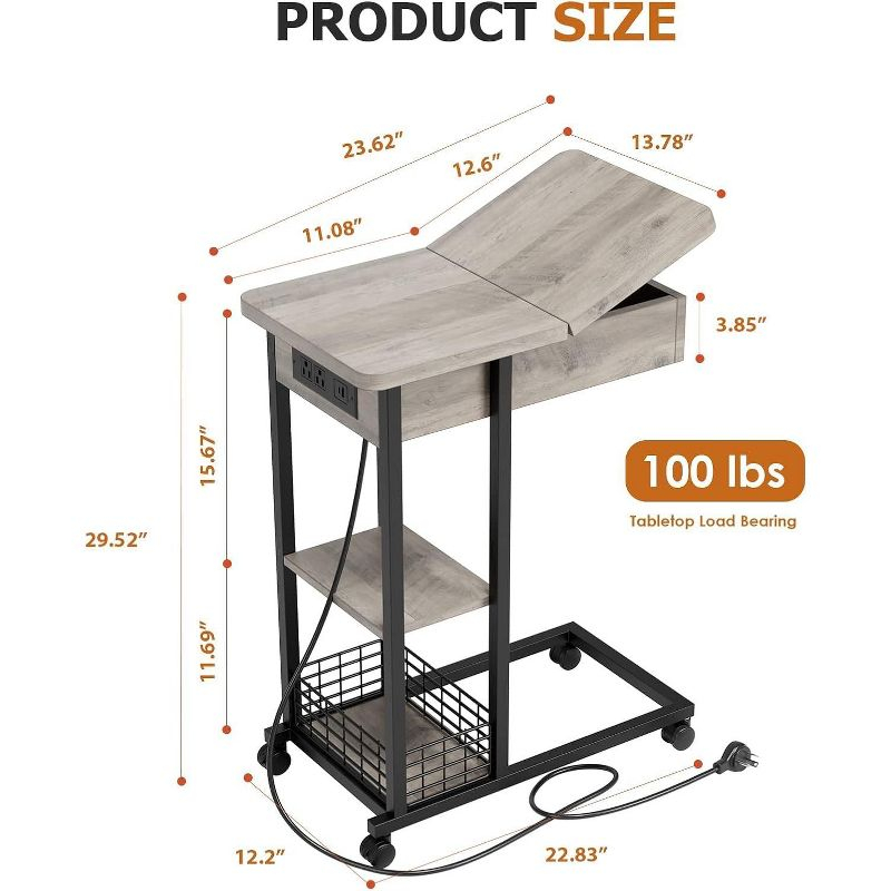C-Shaped Side Table with Charging Station, Flip Top End Table with USB Ports and Outlets