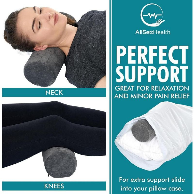 Allsett Health Cervical Bolster Pillow with Washable Cover, Ergonomically Designed for Head, Neck, Back, and Legs | Extra Sleep Support - Grey