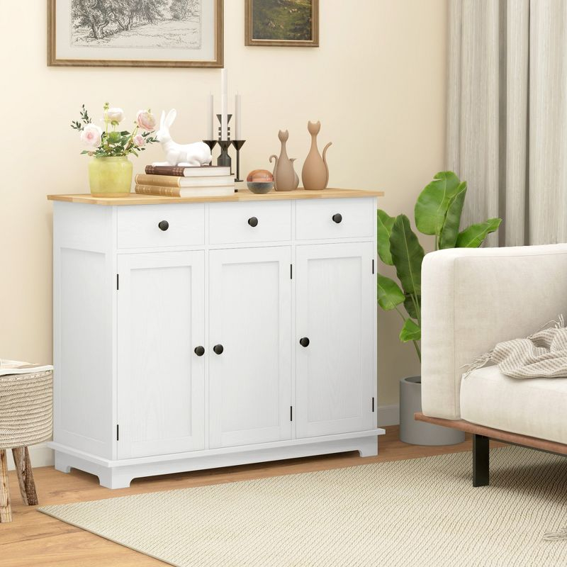 HOMCOM Kitchen Storage Cabinet, Sideboard Floor Cupboard with Solid Wood Top, Adjustable Shelf, and 3 Drawers for Living Room, Distressed White