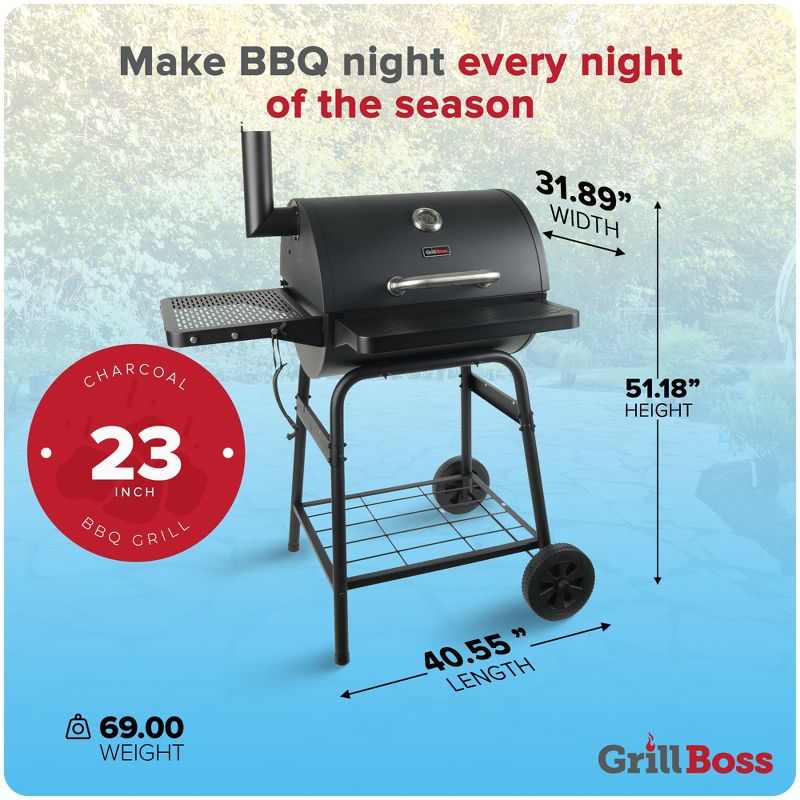 Grill Boss 23 Inch Barrel Charcoal Grill with Adjustable Grate, Large Cooking Area, Built In Temperature Gauge, and Durable Cast Iron Grates, Black
