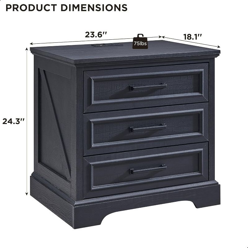 SinCiDo 24" Wide Farmhouse Nightstand with Charging Station & 3 Drawers & Handles, End Table for Bedroom, Living Room, Black